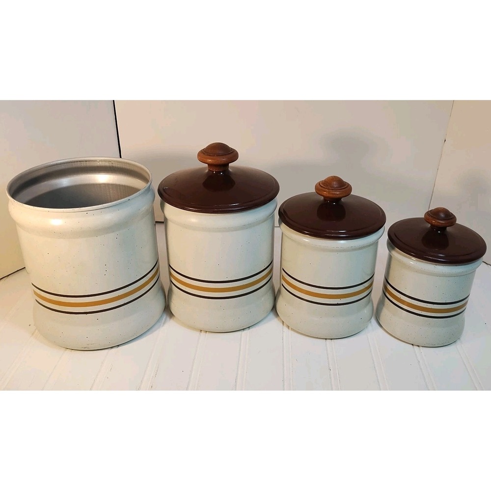 Vintage Canister West Bend Metal‎ Brown Speckled Stripe Set of 4 Retro MCM 1970s